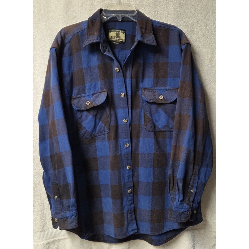 VTG 90s Field & Stream Heavy Flannel Shirt Mens L Blue Plaid Distressed Grunge